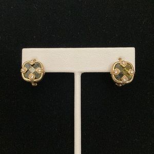 Olive Green Stone with CZ set in Gold Dangling Earrings